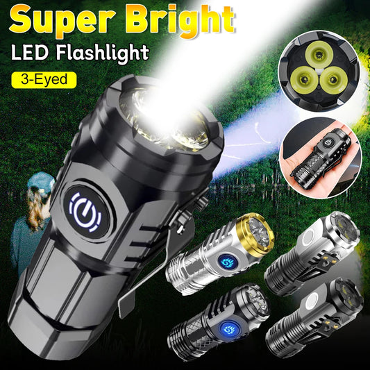 Super Bright Mini Flashlight 3-Eyed High Power LED Flashlight USB Rechargeable Clip-on Torch Light Outdoor Emergency Work Lights