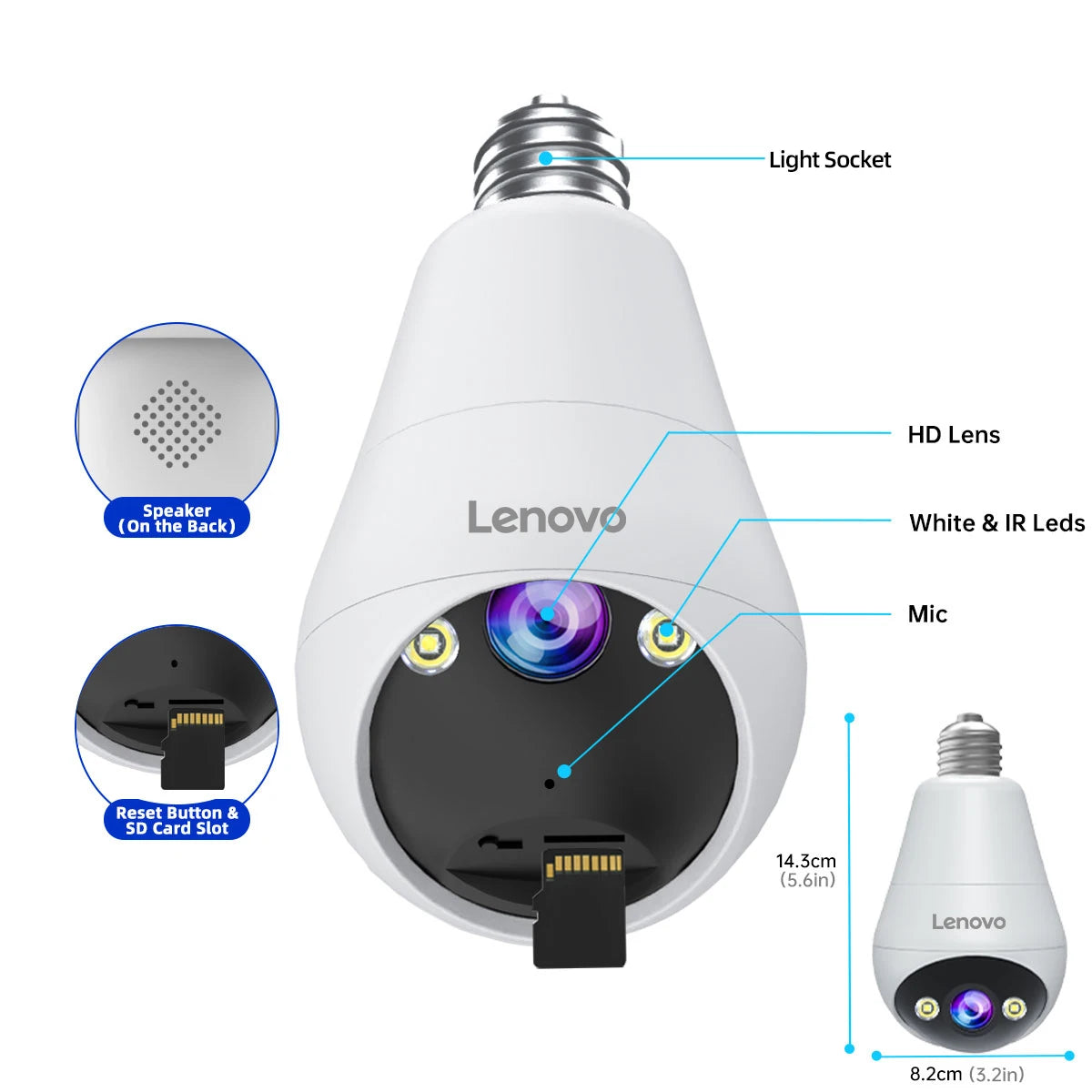 Lenovo 3MP WIFI E27 Bulb Security Camera Full Color Night Vision Two-Way Voice Intercom Smart Home Wireless Camera