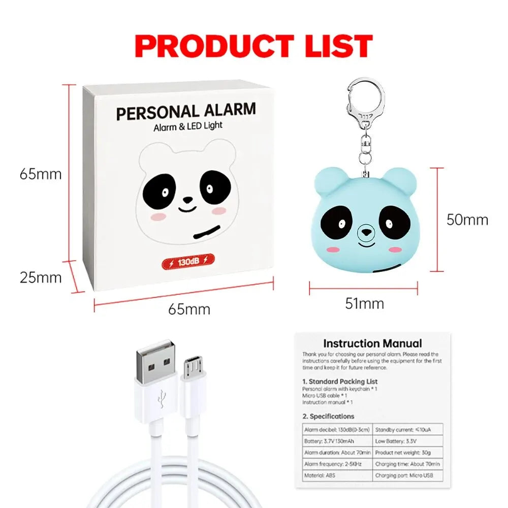 130dB Self-Defense Alarm - Personal Safety Alarm Guard - Cute Panda Student Backpack Keychain Pendant SOS Distress Device