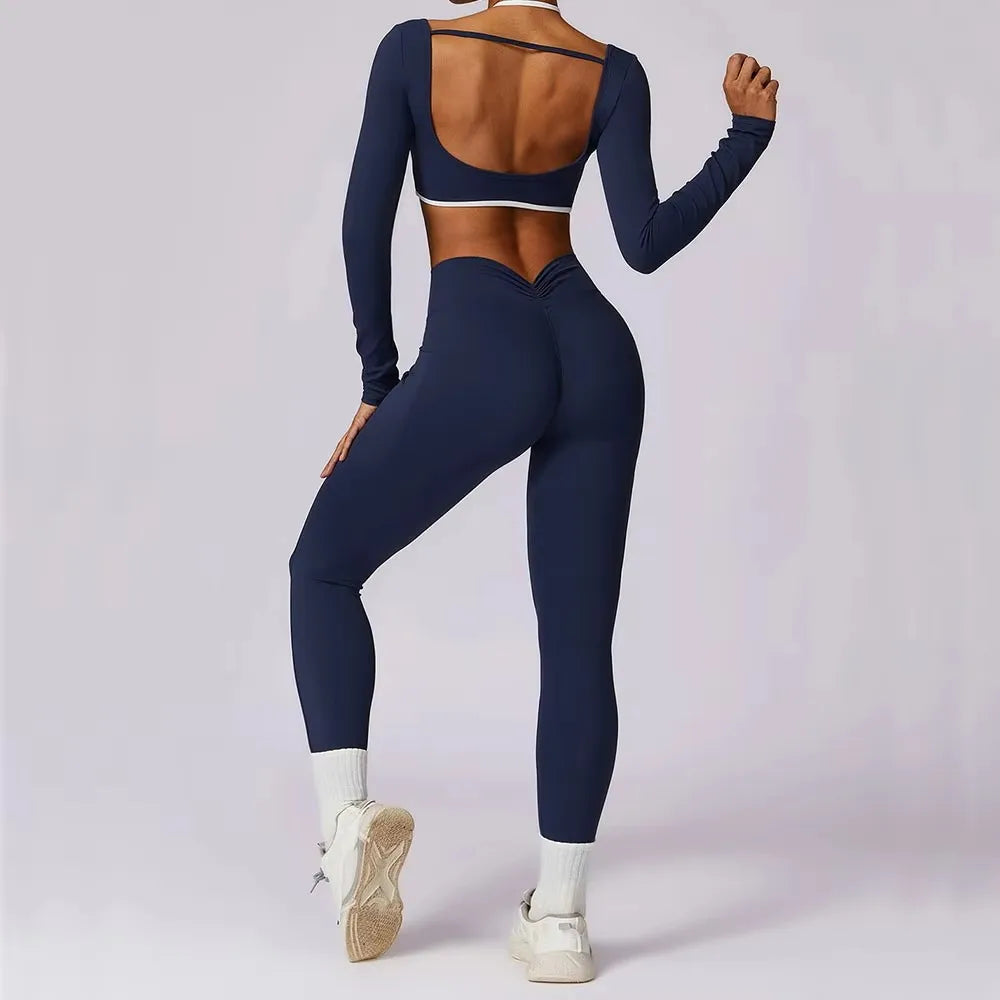 Yoga Set 2PCS Women Sportswear Push Up Workout Clothes Athletic Wear Gym Legging Fitness Bra Crop Top Long Sleeve Sports Suits