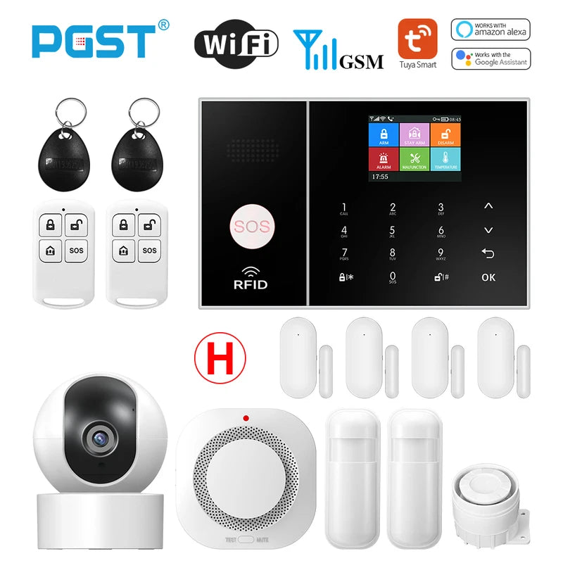 PGST Smart Life Alarm System for Home WIFI GSM Security Alarm Host with Door and Motion Sensor Tuya Smart App control work Alexa