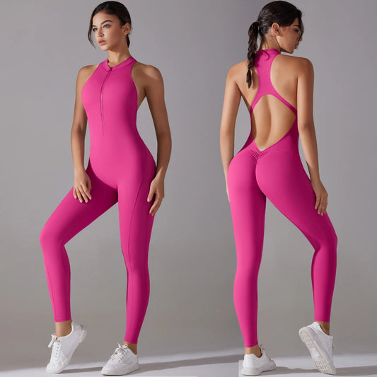 Sexy Hollow Backless Scrunch Sporty Jumpsuit Raises Butt Woman Gym Set One Piece Sport Suit Sleeveless Zip Yoga Fitness Overalls