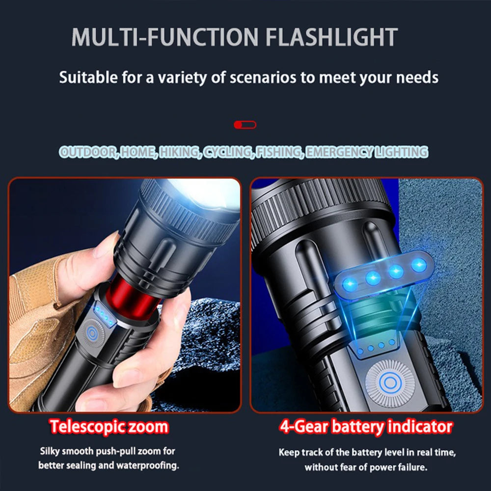 2 pcs High Power Led Flashlight Rechargeable Torch Zoom Long Range Xenon Lamp Portable Usb Hand Lantern For Camping, Outdoor