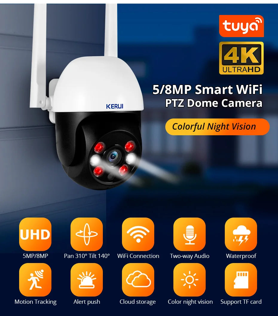 KERUI 5MP 8MP 4K PTZ WiFi IP Wireless Camera Tuya Smart Outdoor Home Security Dual Lens 10MP 5K Camera CCTV Video Surveillance