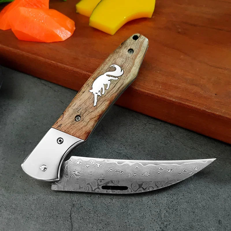 Damascus Knife Folding Knife Cutting Meat Paring Fruit Boning Knife Kitchen Knives Damascus Steel Wooden Handle Folding Knives