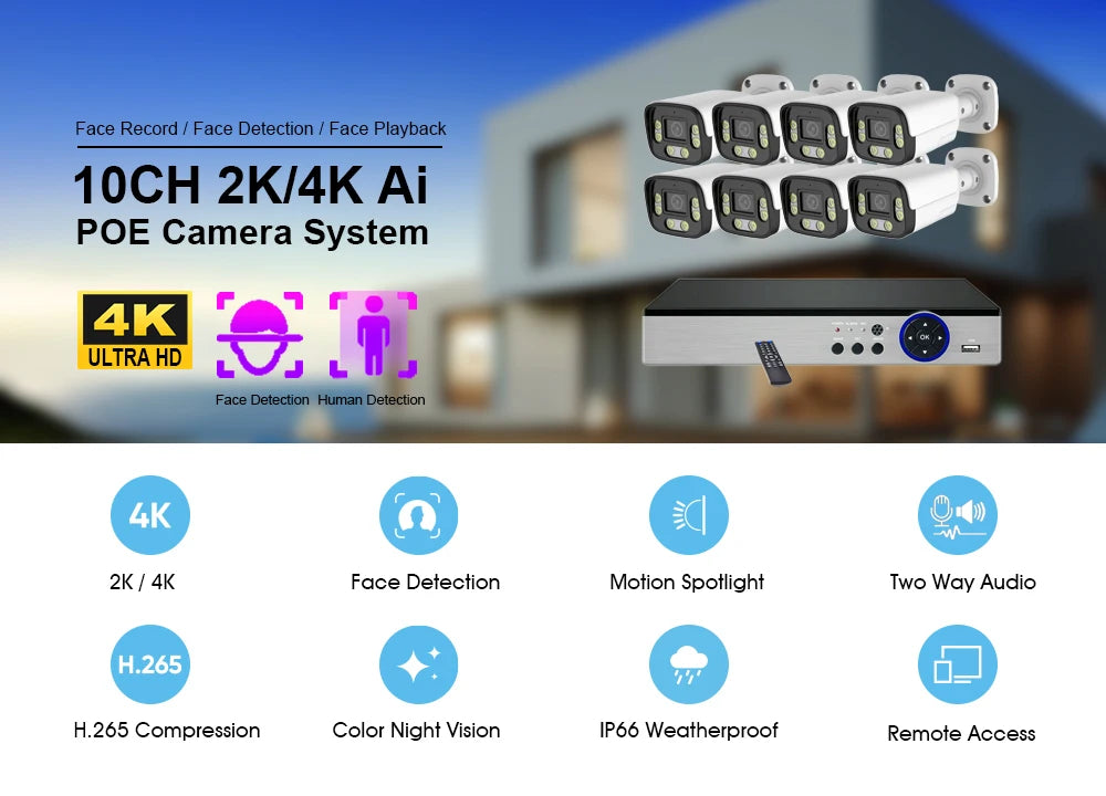 LOXCAM 8CH 4K Security Camera System 10CH 8MP 4MP POE Ai Face Detection Outdoor Two Way Audio Camera Video Surveillance Set