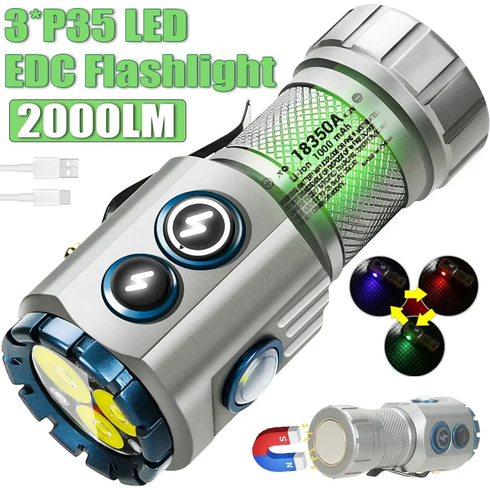 Upgrade RGB Side Lamp 3 LED Flashlight 2000 Lumens USB Rechargeable 18350 Torch with Magnet CAP CLIP Waterproof Camping Light