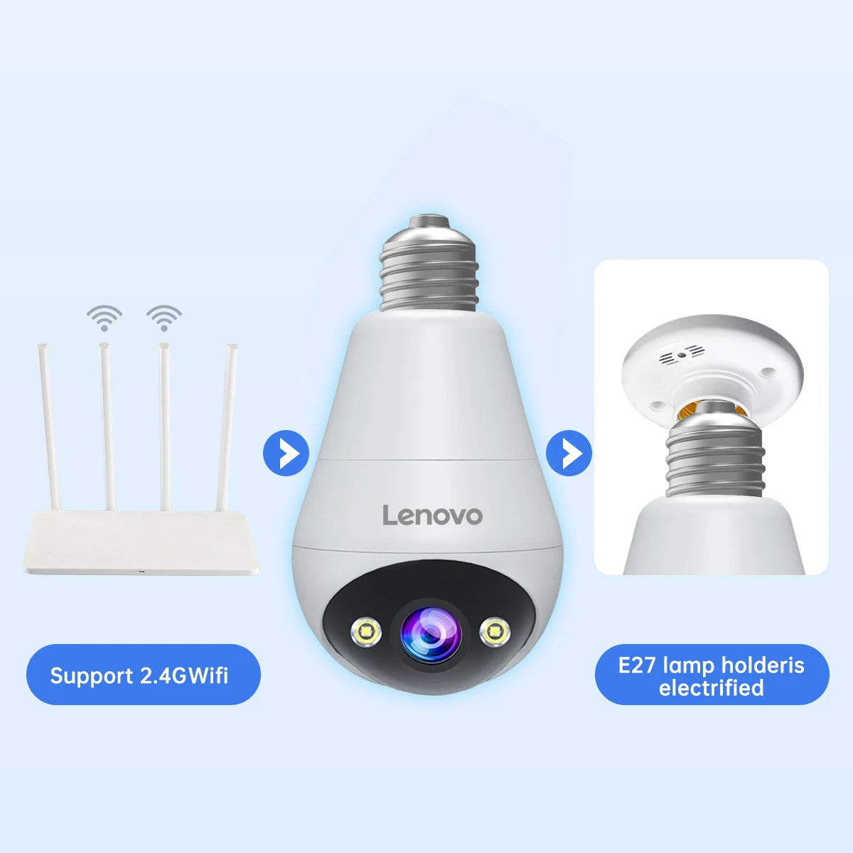 Lenovo 3MP WIFI E27 Bulb Security Camera Full Color Night Vision Two-Way Voice Intercom Smart Home Wireless Camera