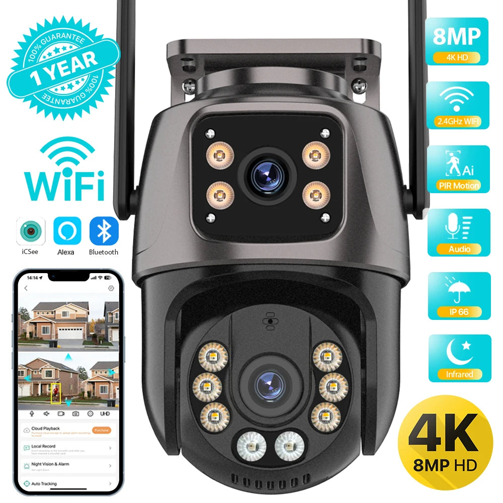 4K 8MP HD Wifi PTZ Camera Outdoor 6MP Dual Lens Dual Screen AI Auto Tracking IP Camera CCTV Audio Video Surveillance P2P iCSee