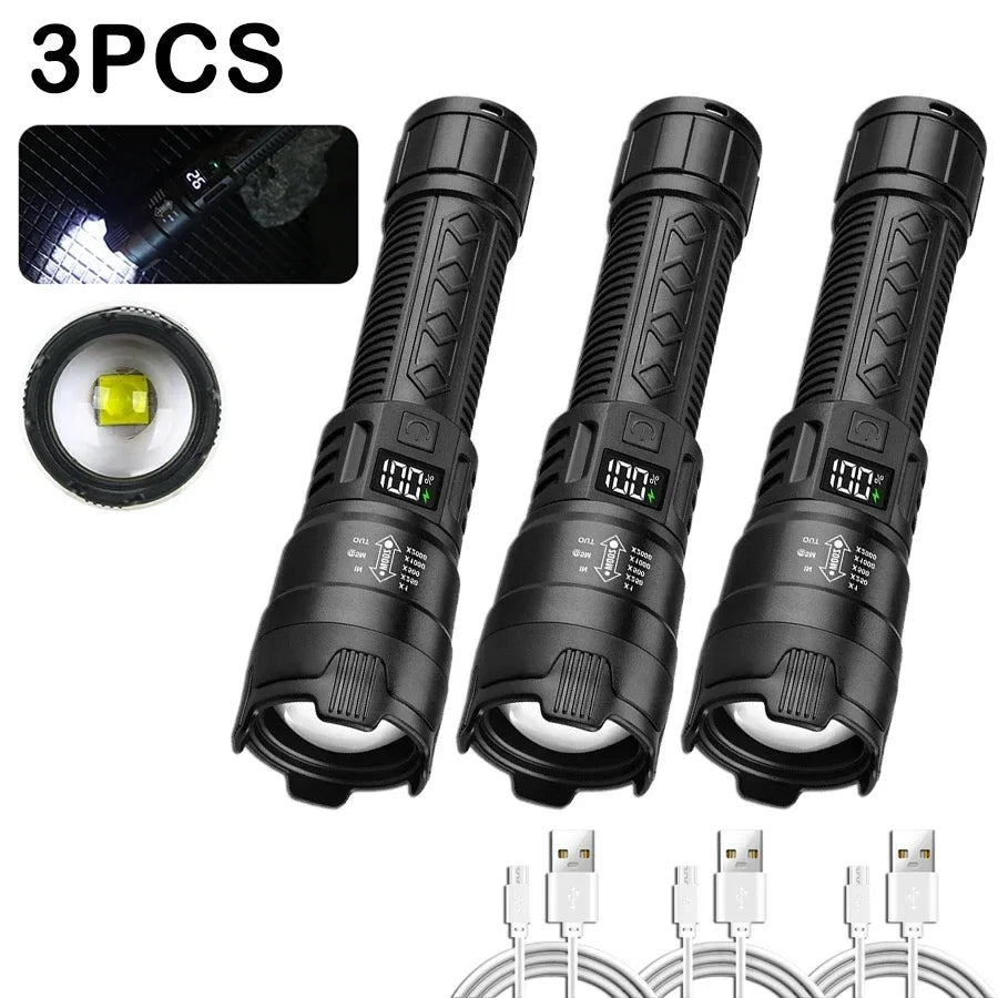 Ultra Bright LED Flashlight 2000LM Type-C Rechargeable Long Range Zoom Tactical Torch Outdoor Emergency Camping Fishing Lantern