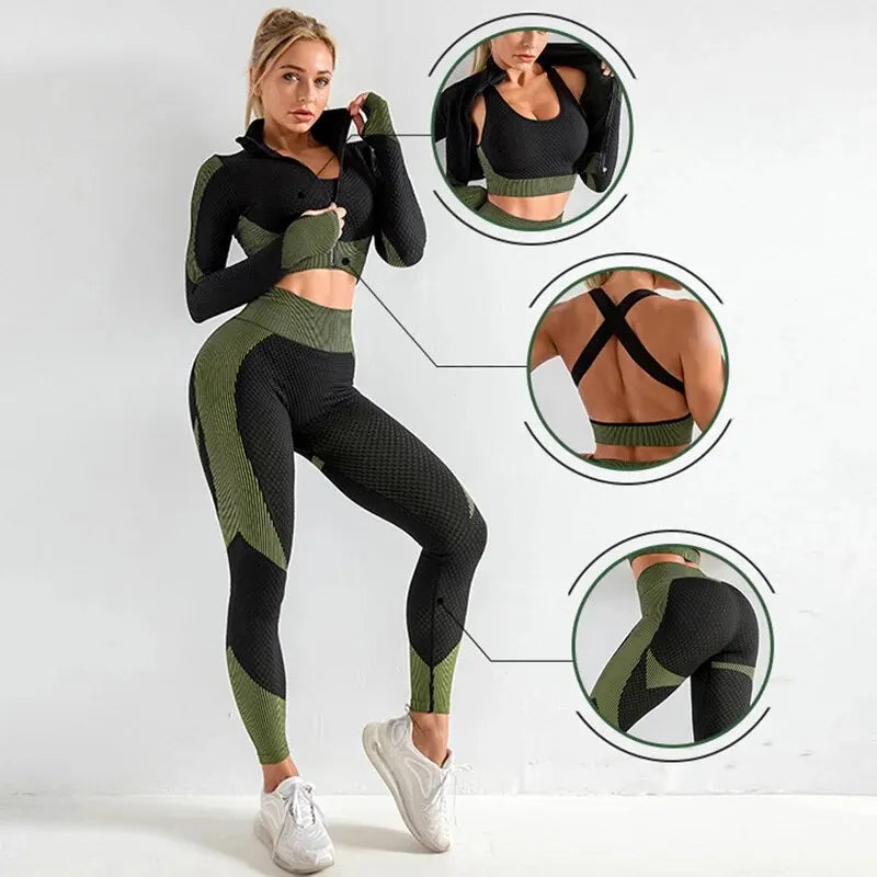 Women 2/3pcs Seamless Workout Outfits Sets Yoga Sportswear Tracksuit Leggings and Stretch Sports Bra Fitness