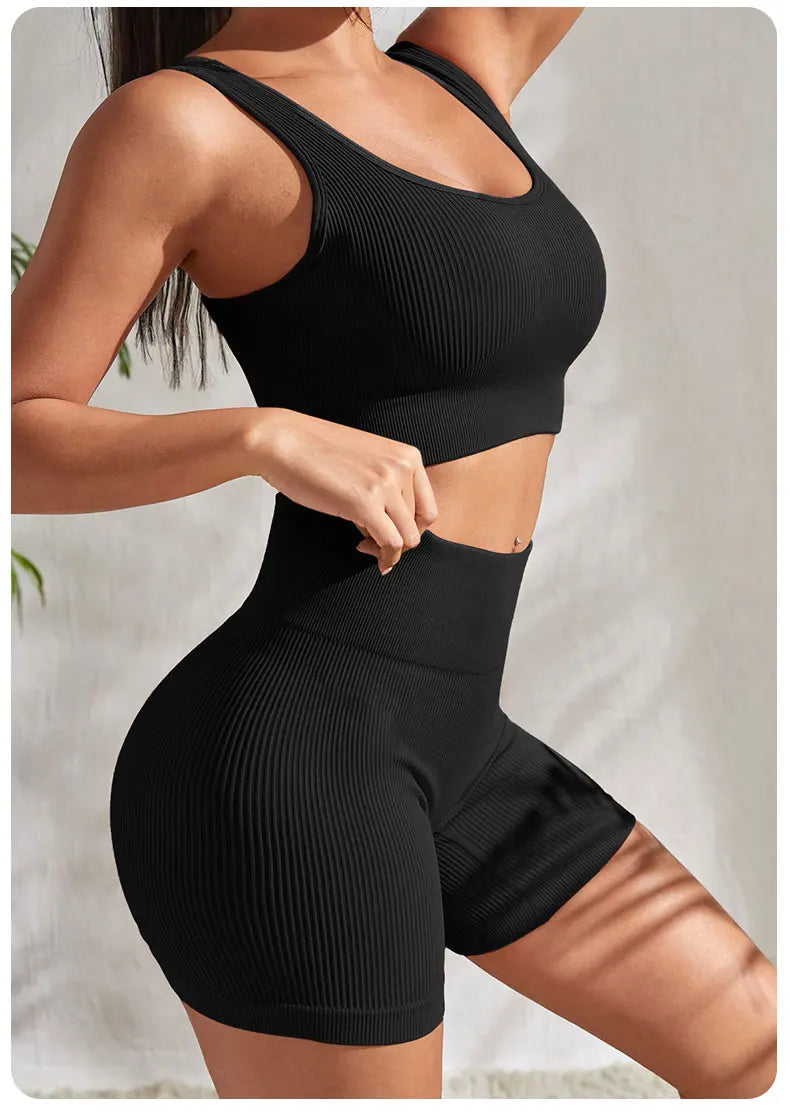 Seamless Ribbed Yoga Sets Workout Sets for Women 2 Pieces Gym Suits Ribbed Crop Tank High Waist Shorts Outfits Fitness Running