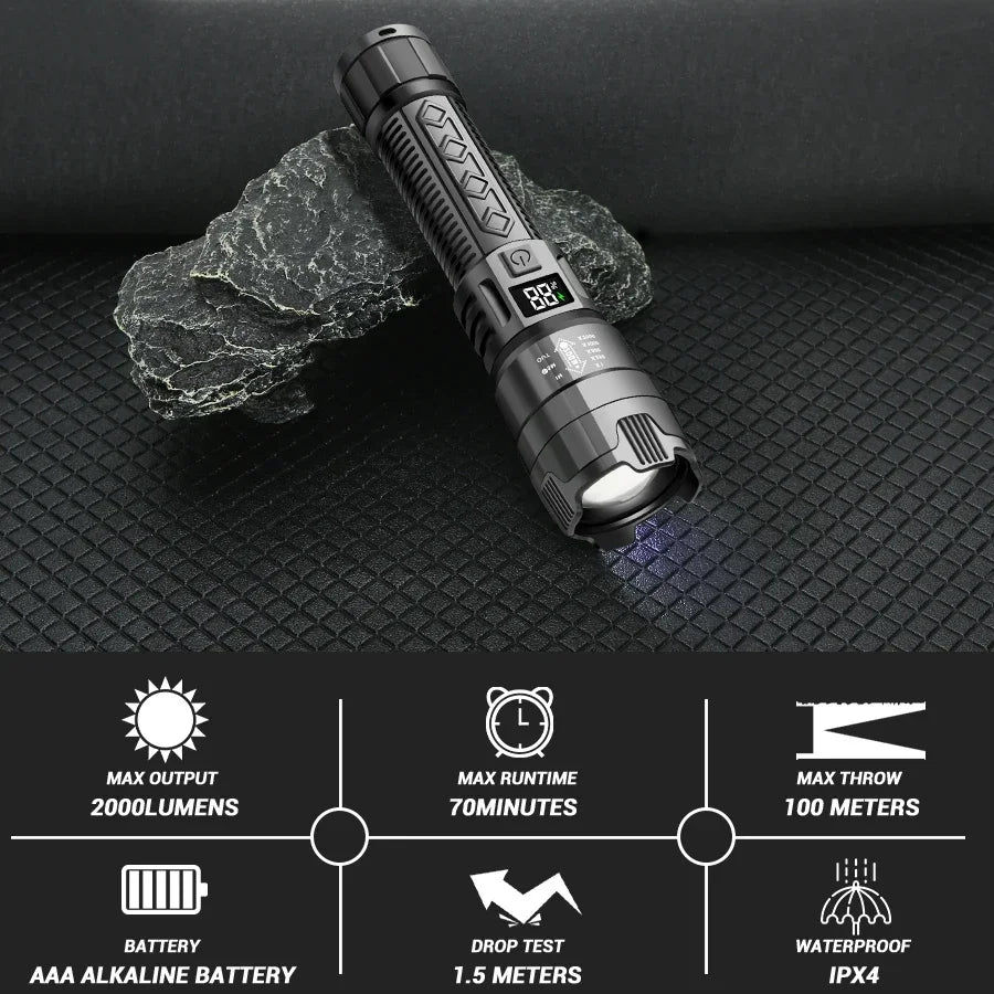 Ultra Bright LED Flashlight 2000LM Type-C Rechargeable Long Range Zoom Tactical Torch Outdoor Emergency Camping Fishing Lantern