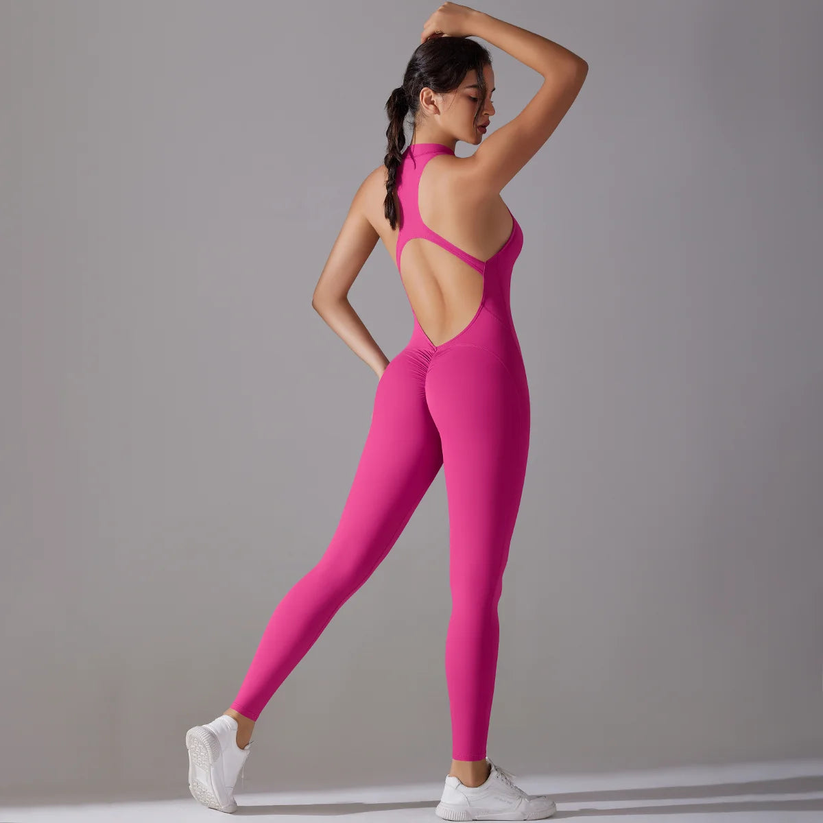 Sexy Hollow Backless Scrunch Sporty Jumpsuit Raises Butt Woman Gym Set One Piece Sport Suit Sleeveless Zip Yoga Fitness Overalls