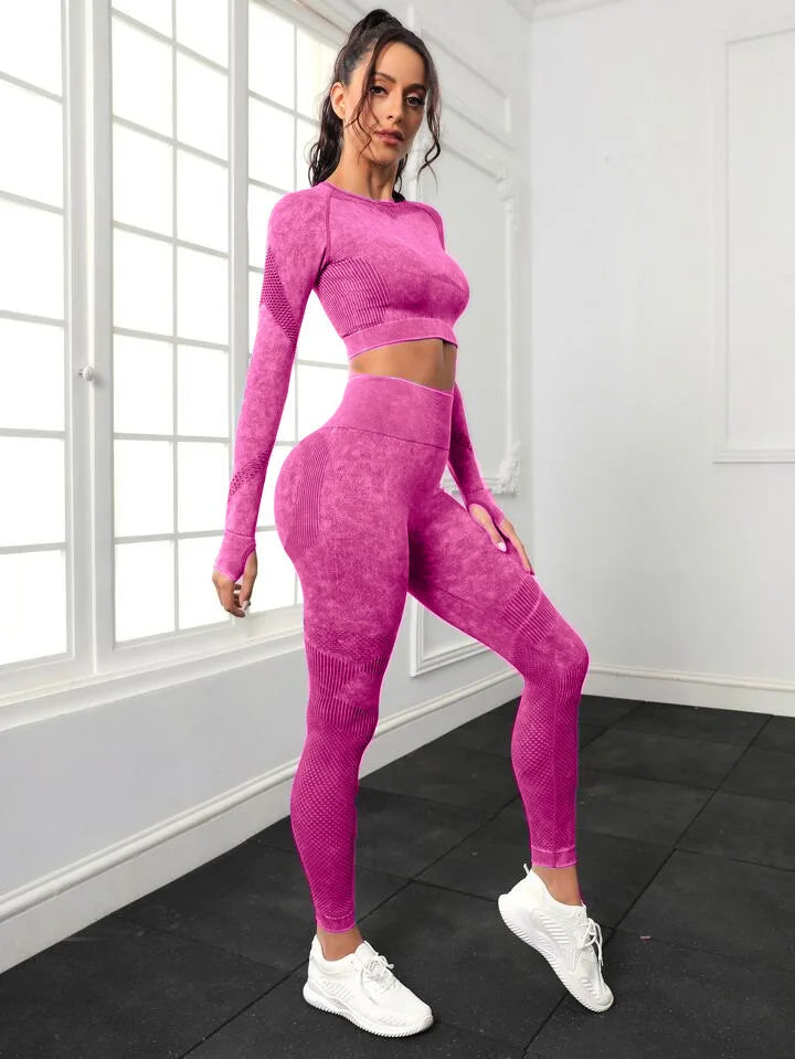 Mileegirl 2pcs Gym Sets Women, Seamless Sports Pants  Hollow Out Tights Long sleeves Fitness Sets Workout Legging Outifts Suits