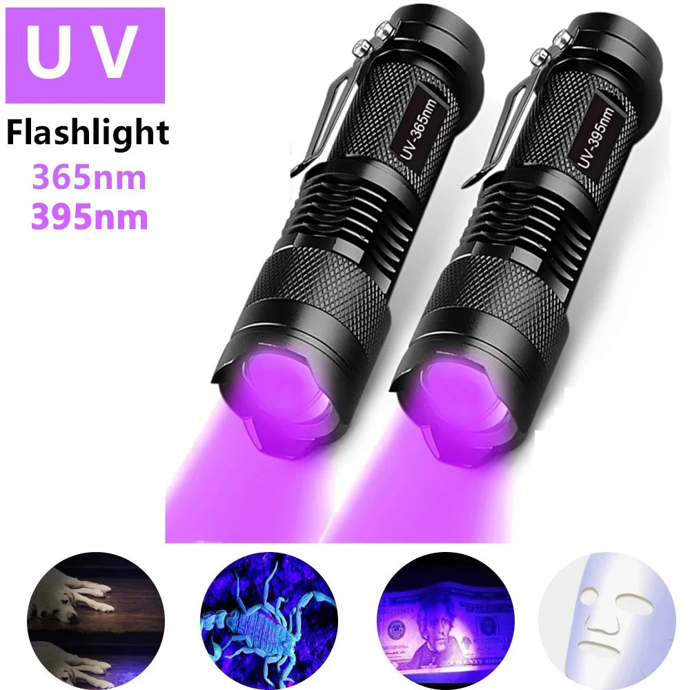 UV Flashlight LED Ultraviolet Torch Zoomable Mini Ultra Violet Lights 395/365nm Inspection Lamp Pet Urine Stain Detector Tools