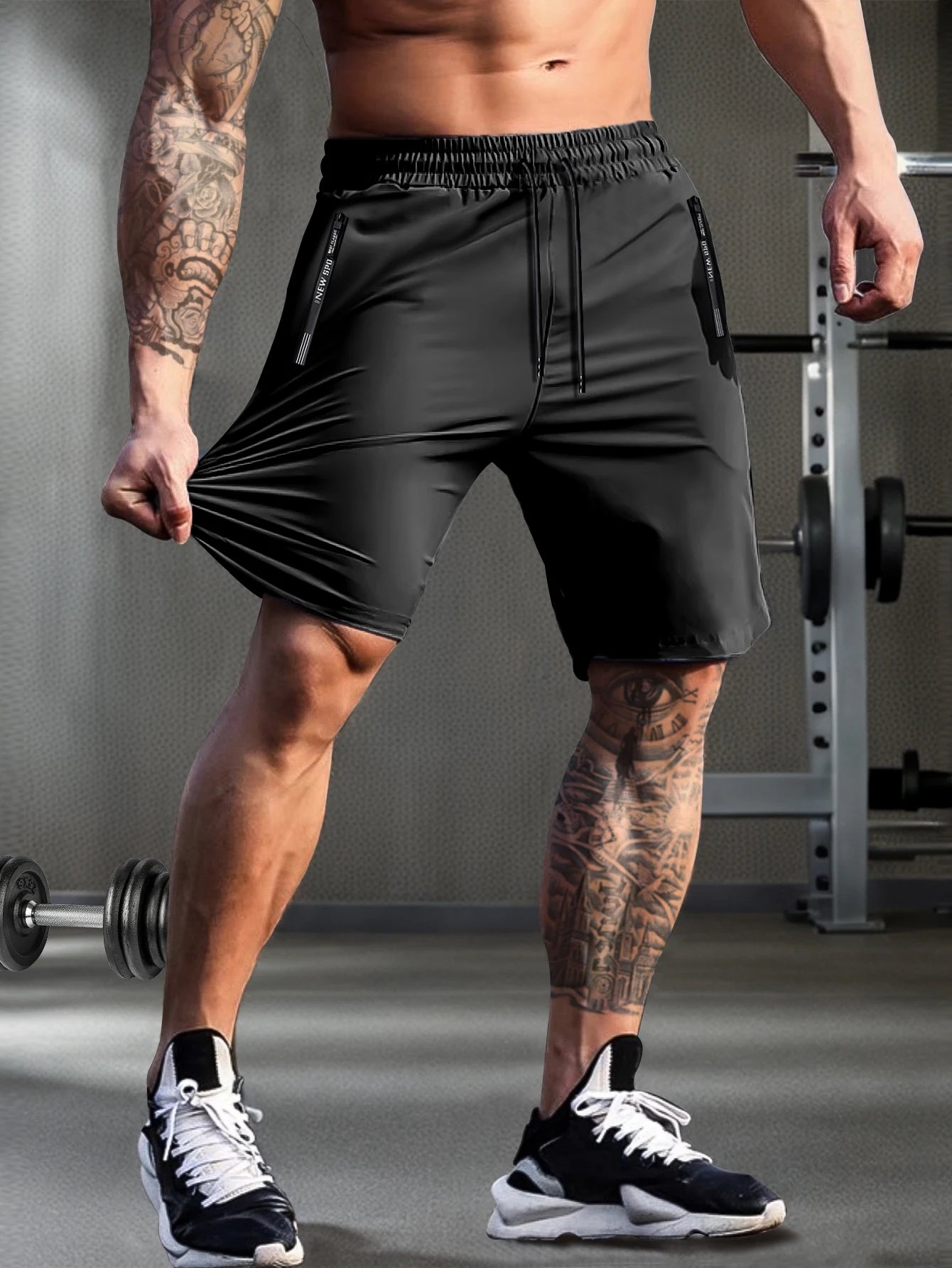 Men's solid color shorts, with zipper pockets, casual elastic drawstring shorts with a loose waist and high elasticity, suitable