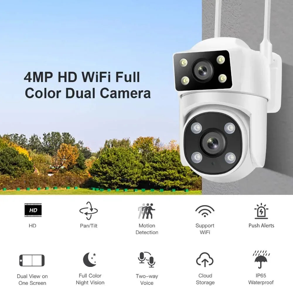 4MP WIFI IP Camera Dual Lens Screen Outdoor Full Color Night Vision AI Human Tracking Wireless PTZ Security Survalance Camera