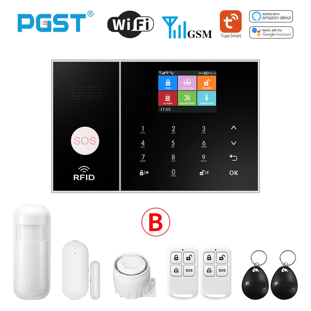 PGST Smart Life Alarm System for Home WIFI GSM Security Alarm Host with Door and Motion Sensor Tuya Smart App control work Alexa