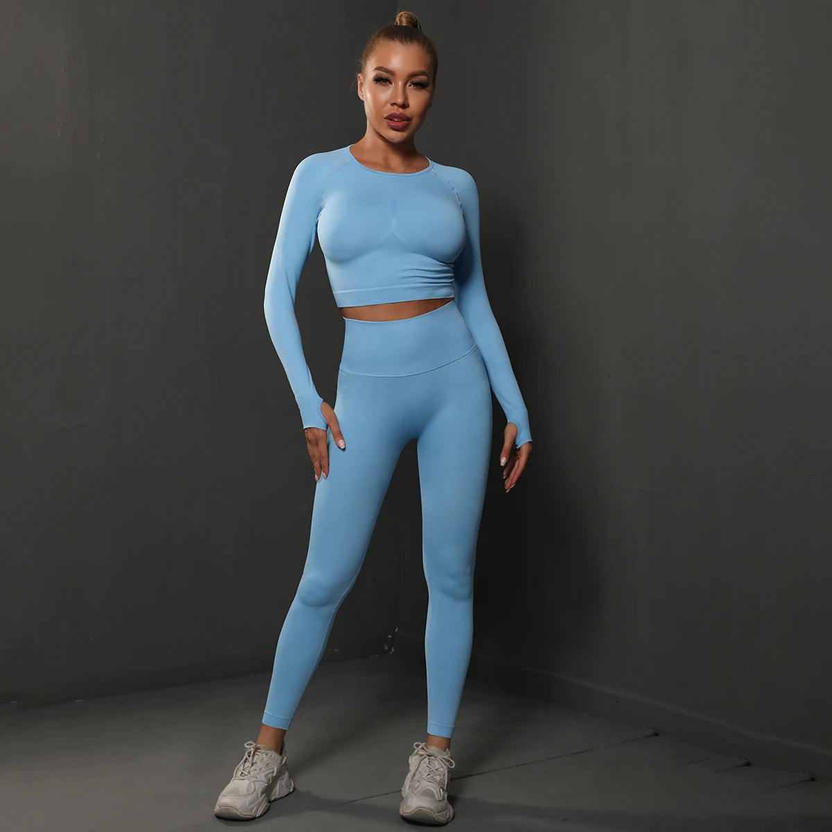 2Pcs Women Sets Energy Seamless Gym Suits Bubble Butt Sports Pants+Long Sleeve Shirts Push Up Running Sets Tracksuits Tights Set