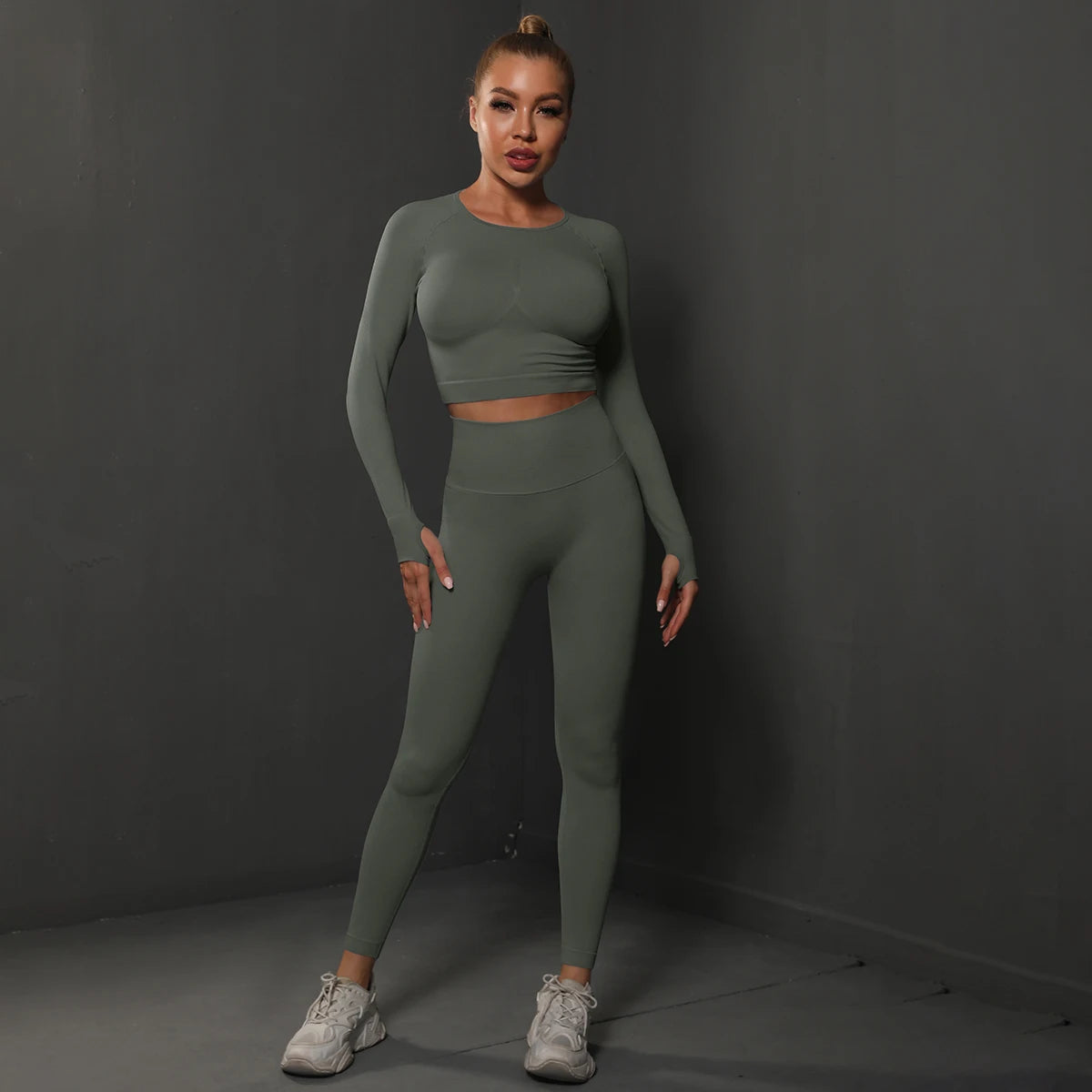 2Pcs Women Sets Energy Seamless Gym Suits Bubble Butt Sports Pants+Long Sleeve Shirts Push Up Running Sets Tracksuits Tights Set