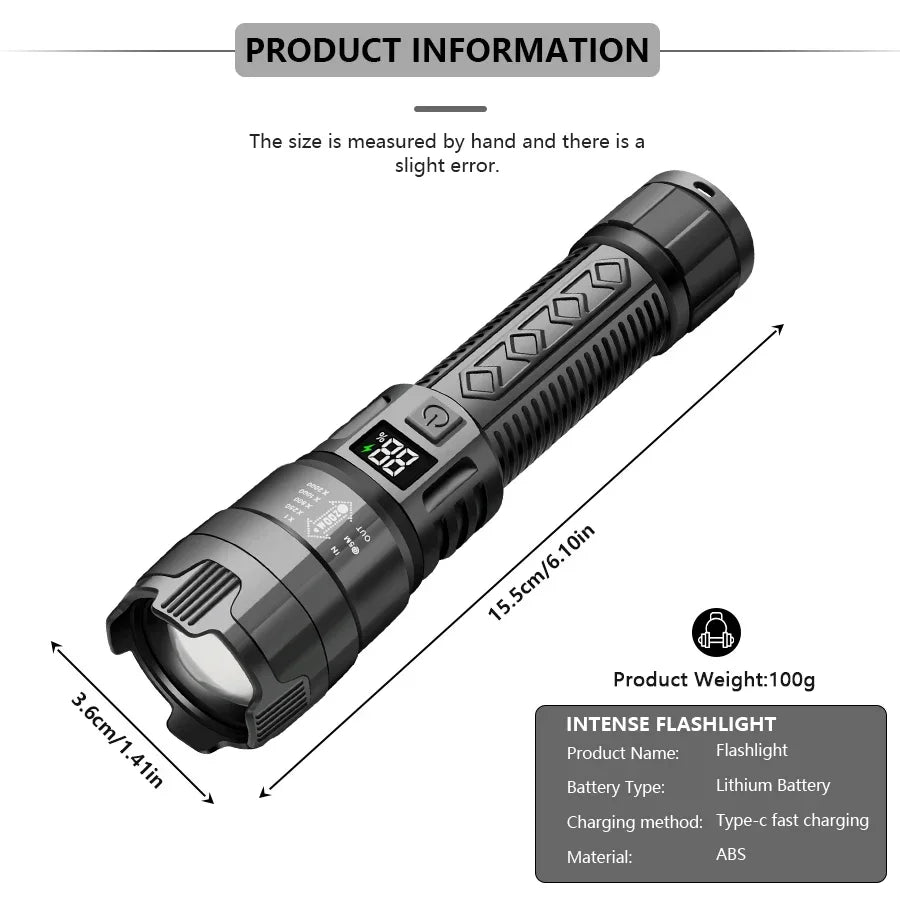 Ultra Bright LED Flashlight 2000LM Type-C Rechargeable Long Range Zoom Tactical Torch Outdoor Emergency Camping Fishing Lantern