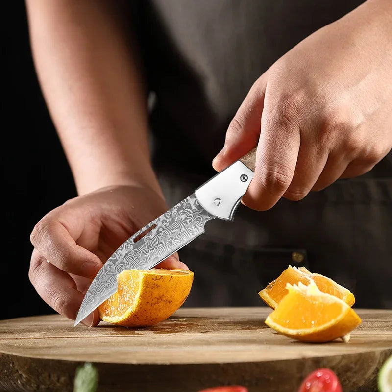 Damascus Knife Folding Knife Cutting Meat Paring Fruit Boning Knife Kitchen Knives Damascus Steel Wooden Handle Folding Knives