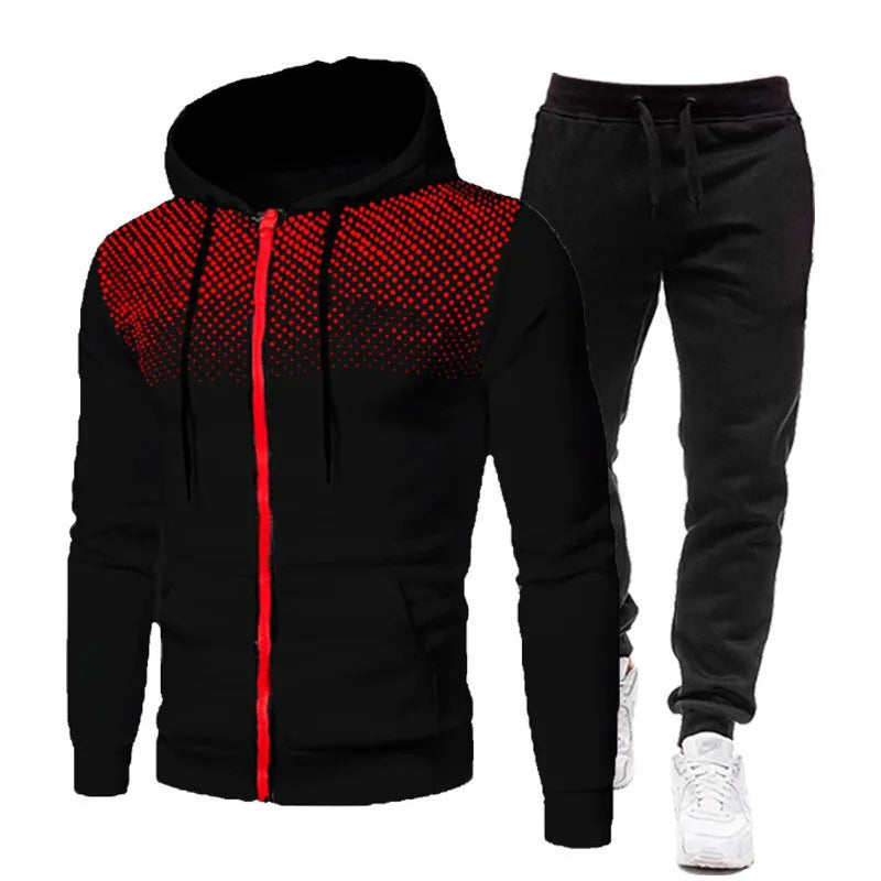 2023 Autumn/Winter New Dot Printed Zipper Hoodie Sports Set Men's Fashion Leisure Outdoor Fitness Running Leisure Two Piece Set