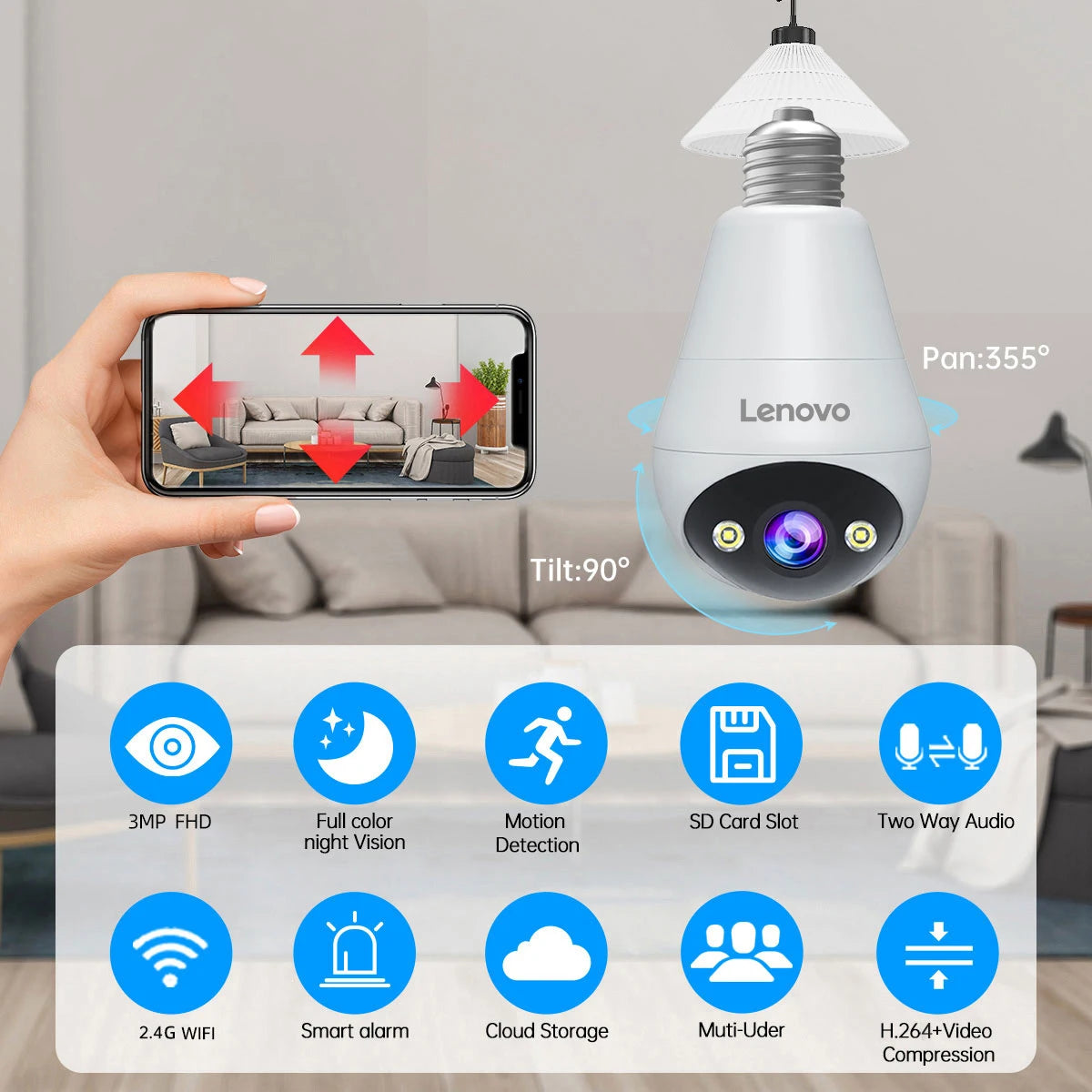 Lenovo 3MP WIFI E27 Bulb Security Camera Full Color Night Vision Two-Way Voice Intercom Smart Home Wireless Camera