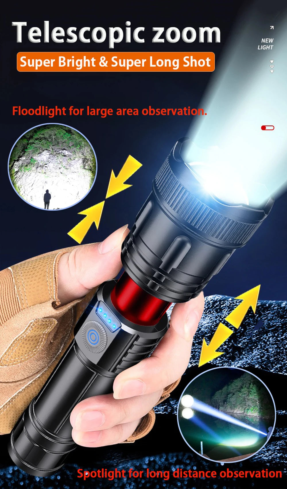 2 pcs High Power Led Flashlight Rechargeable Torch Zoom Long Range Xenon Lamp Portable Usb Hand Lantern For Camping, Outdoor