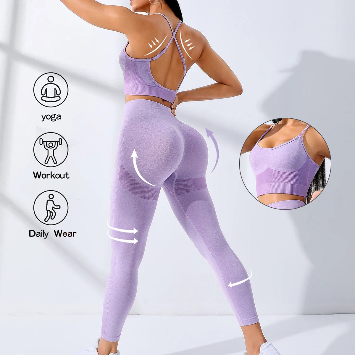 Women Yoga Set 2/Pcs Seamless Workout Outfits Yoga Sportswear Tracksuit Leggings And Thin Shoulder Strap Stretch Sports Bra Fitn