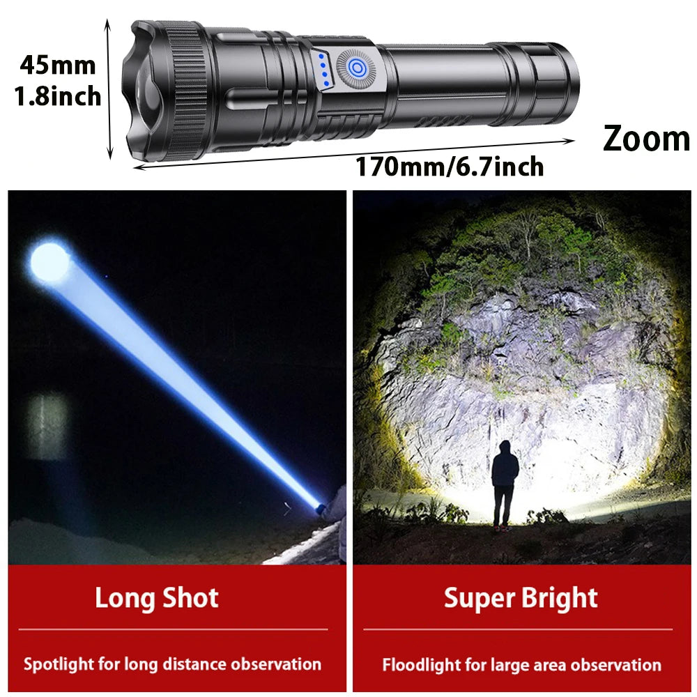 2 pcs High Power Led Flashlight Rechargeable Torch Zoom Long Range Xenon Lamp Portable Usb Hand Lantern For Camping, Outdoor