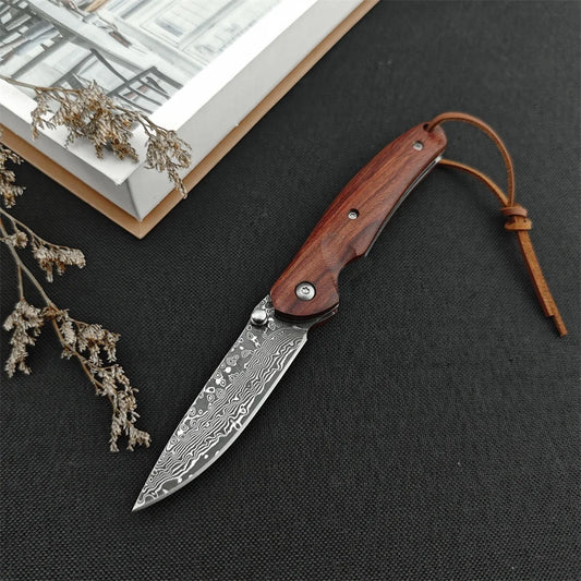 VG10 Damascus Steel Blade Flipper Assisted Folding Knife Wooden Handle Tactical Knives Outdoor Hunting Pocket Knife EDC Tool