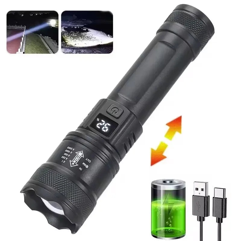 Ultra Bright LED Flashlight 2000LM Type-C Rechargeable Long Range Zoom Tactical Torch Outdoor Emergency Camping Fishing Lantern