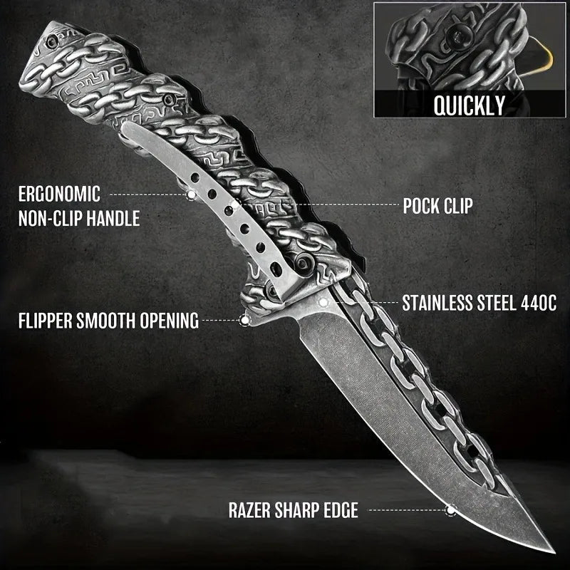 1pc，Multi-function relief chain folding knife, outdoor stainless steel folding knife, multi-purpose fruit knife, hiking knife