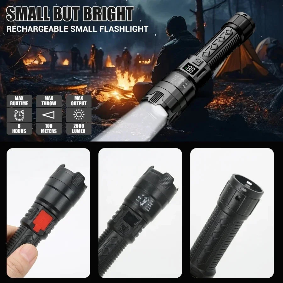 Ultra Bright LED Flashlight 2000LM Type-C Rechargeable Long Range Zoom Tactical Torch Outdoor Emergency Camping Fishing Lantern