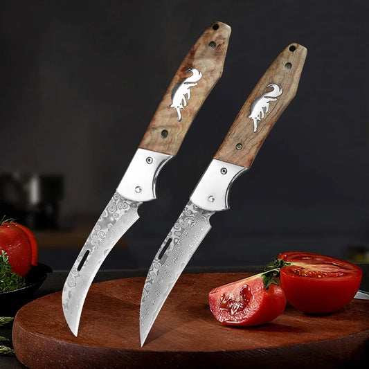 Damascus Knife Folding Knife Cutting Meat Paring Fruit Boning Knife Kitchen Knives Damascus Steel Wooden Handle Folding Knives