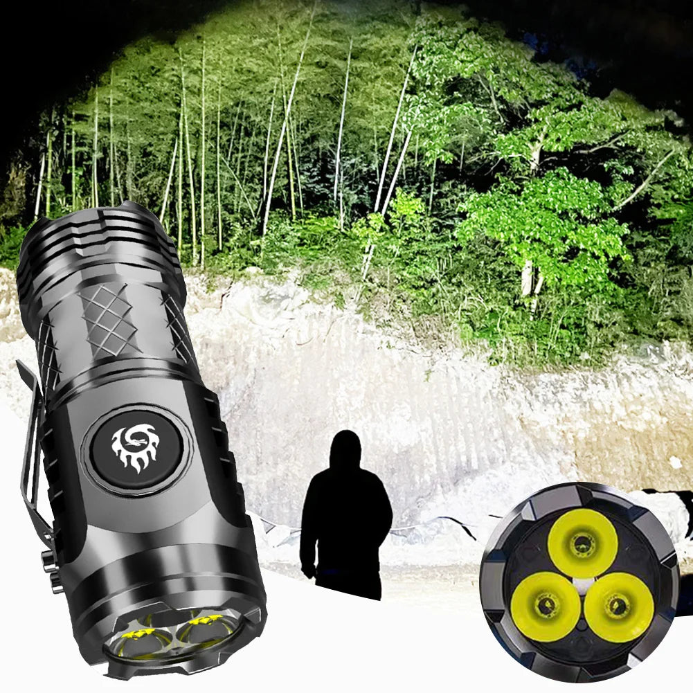 Super Bright Mini Flashlight 3-Eyed High Power LED Flashlight USB Rechargeable Clip-on Torch Light Outdoor Emergency Work Lights