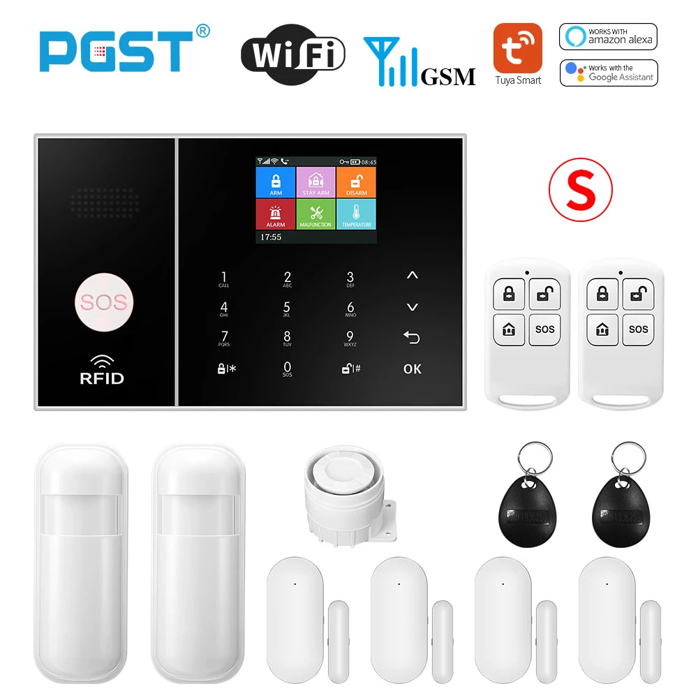 PGST Smart Life Alarm System for Home WIFI GSM Security Alarm Host with Door and Motion Sensor Tuya Smart App control work Alexa