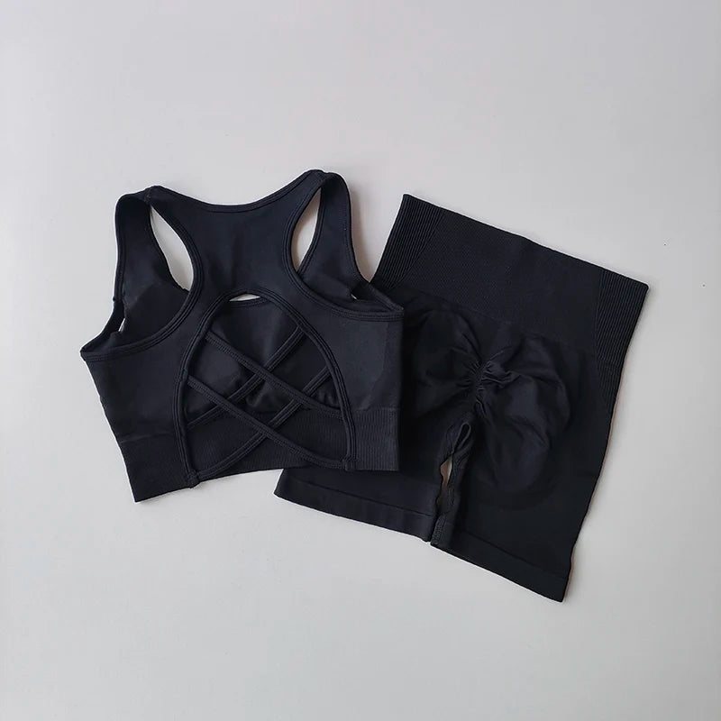 2 PCS Women's Seamless Yoga Set Sexy Sport Bra High Waist Sports Shorts Gym Fitness Sleeveless Workout Suit Sporstwear