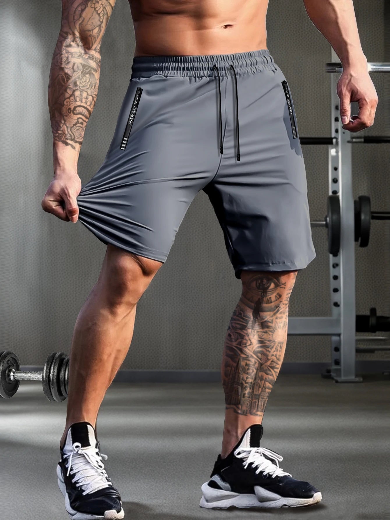 Men's solid color shorts, with zipper pockets, casual elastic drawstring shorts with a loose waist and high elasticity, suitable