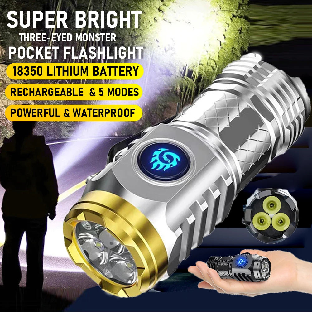 Three-Eyed Monster Mini Flashlight Super Bright Pocket Flashlight Torches 5 Modes Rechargeable & Waterproof Handheld Flashlight