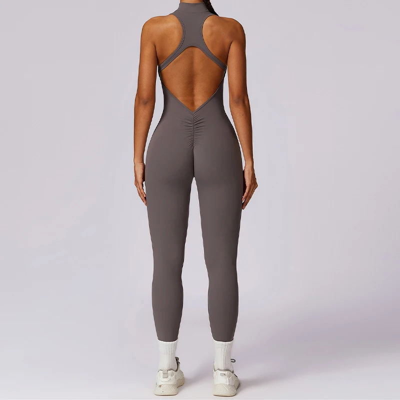 V Back One-piece Suit Women Sports Jumpsuit  Zippers Yoga Rompers Backless Sportswear Women Sleeveles Workout Bodysuits Female