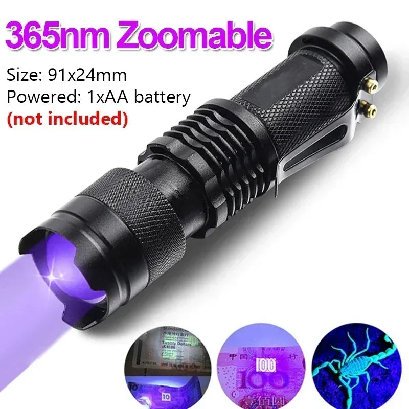 UV Flashlight Waterproof Ultra Violet Light Portable Black Light Flashlight Zoomable Lamp Scorpion Pet Urine Stain Detector Tool