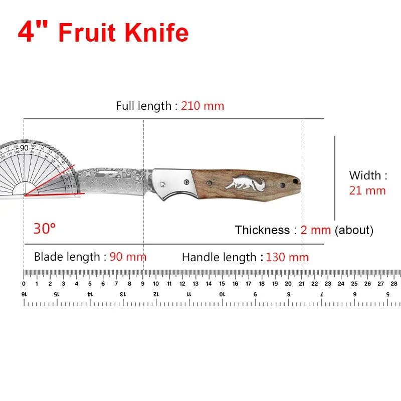 Damascus Knife Folding Knife Cutting Meat Paring Fruit Boning Knife Kitchen Knives Damascus Steel Wooden Handle Folding Knives