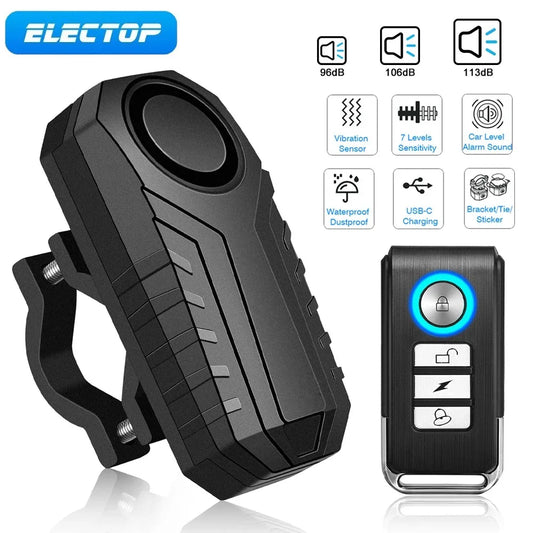 ELECTOP Bicycle Alarm 113dB Anti-Theft Wireless Vibration Remote Control Bike Motorbike Alarms Home Outdoor Security Protection