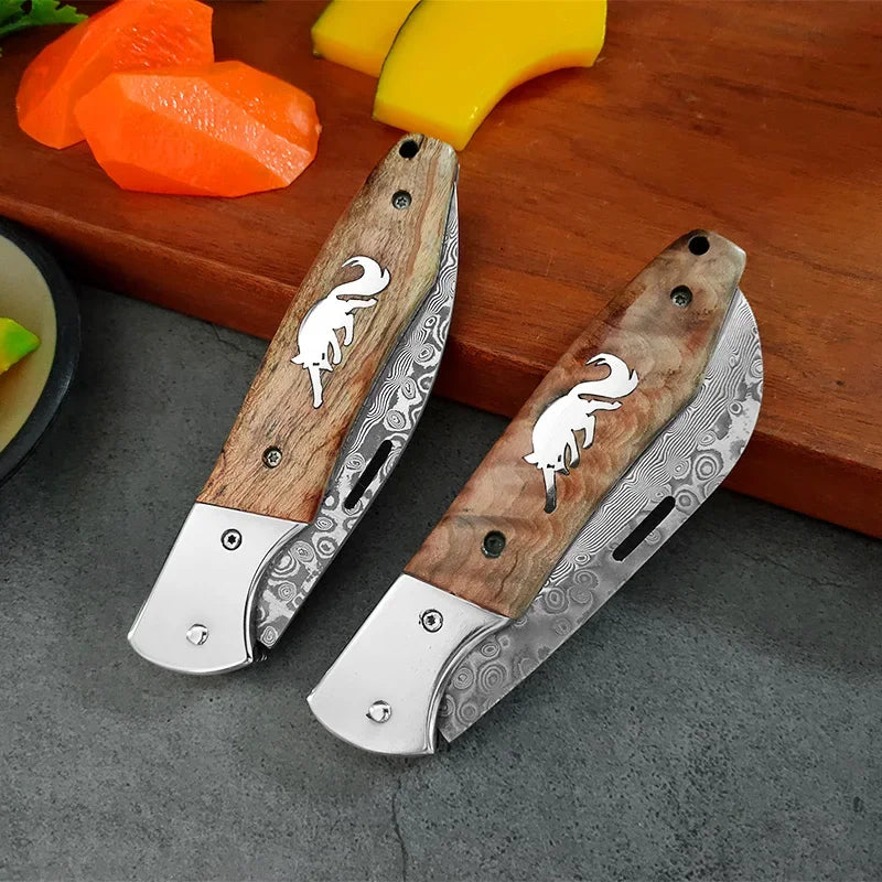 Damascus Knife Folding Knife Cutting Meat Paring Fruit Boning Knife Kitchen Knives Damascus Steel Wooden Handle Folding Knives