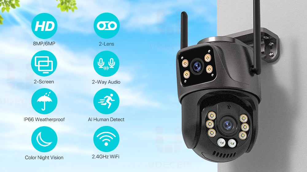 4K 8MP HD Wifi PTZ Camera Outdoor 6MP Dual Lens Dual Screen AI Auto Tracking IP Camera CCTV Audio Video Surveillance P2P iCSee