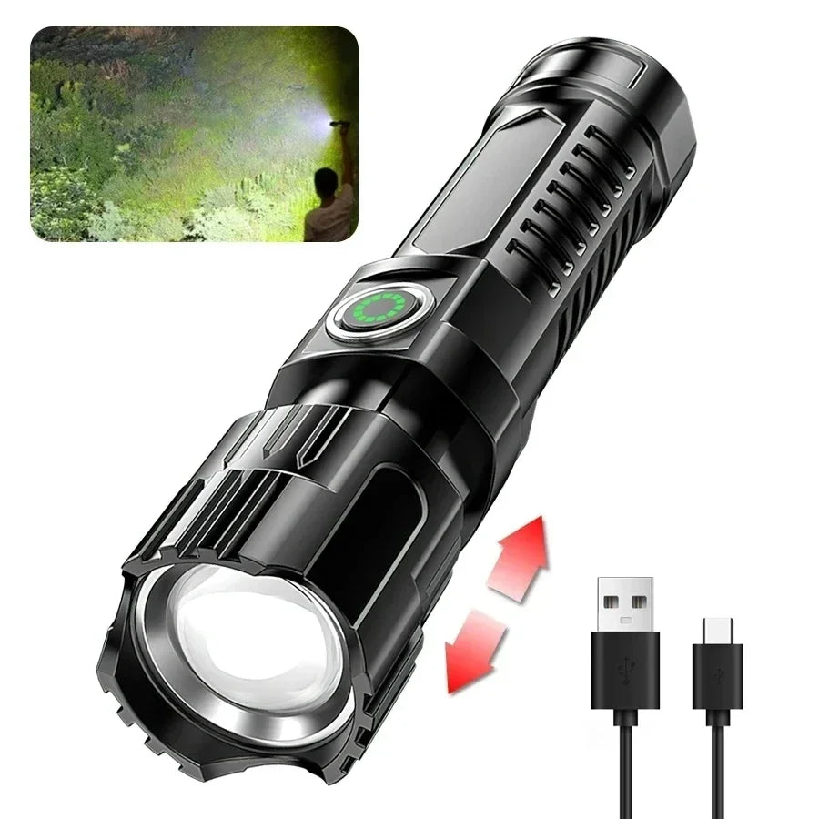 Ultra Bright LED Flashlight 2000LM Type-C Rechargeable Long Range Zoom Tactical Torch Outdoor Emergency Camping Fishing Lantern