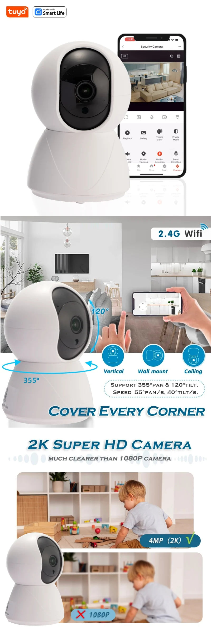 USB Tuya 4MP Indoor Camera,2K Security Camera for Baby Monitor,PTZ Wifi Cameras for Home Security,Pet Camera with Phone App